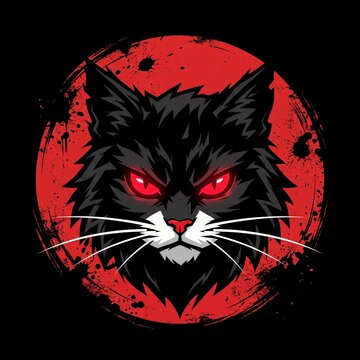 Menacing Black Cat Silhouette with Glowing Red Eyes in front of a Red Sun Backdrop Vector Illustration