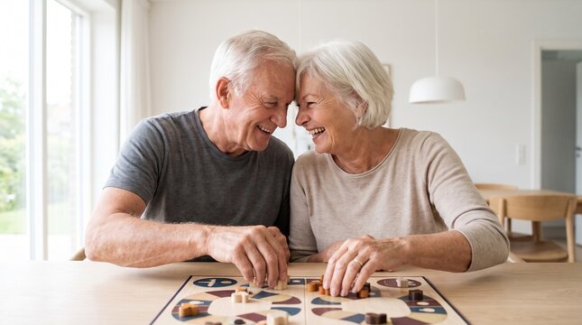 Joyful senior couple playing a board game together at home with laughter and affection