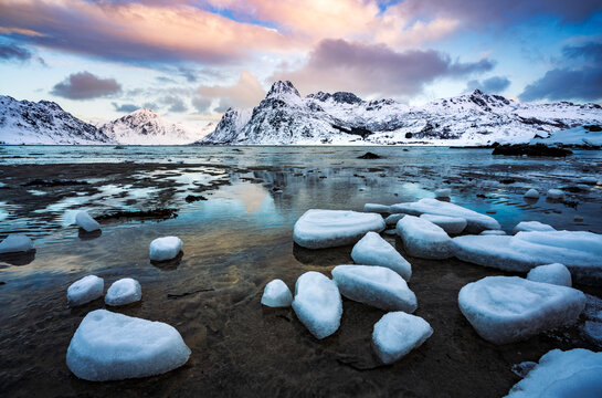 Landscape of Lofoten islands in winter, Norway, Europe