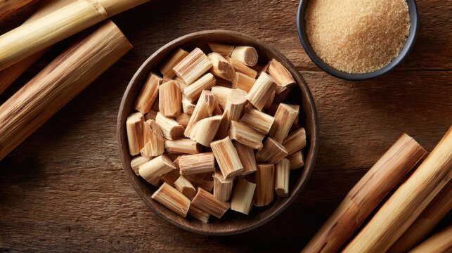 A wooden bowl filled with small cut pieces of sugarcane surrounded by whole cane on a wooden surface