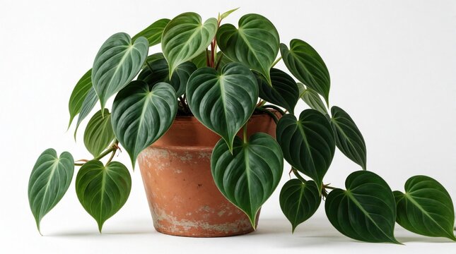 Green heartleaf philodendron grows in terracotta pot. Indoor plant with large heart shaped leaves sits on white background. Beautiful houseplant decor for home office living room apartment. Natural
