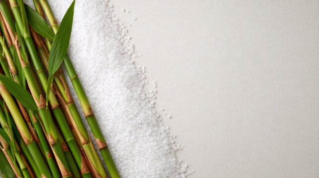 Fresh bamboo shoots arranged alongside a sprinkle of white salt on a soft beige background