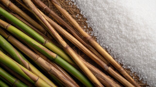 A close-up view of bamboo stalks next to a pile of white salt set against a textured background