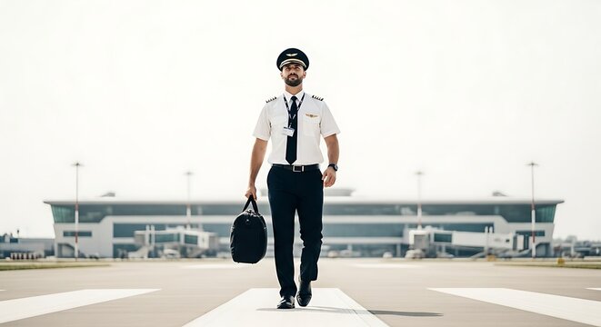Pilot walking towards airport terminal building.