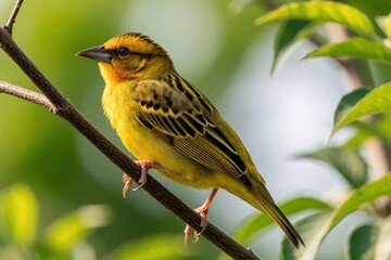 Obraz premium Bright yellow baya weaver bird perches on thin tree branch. Small tropical avian sits in green foliage. Wild male weaverbird shows colorful plumage in natural habitat. Ornithology subject captures