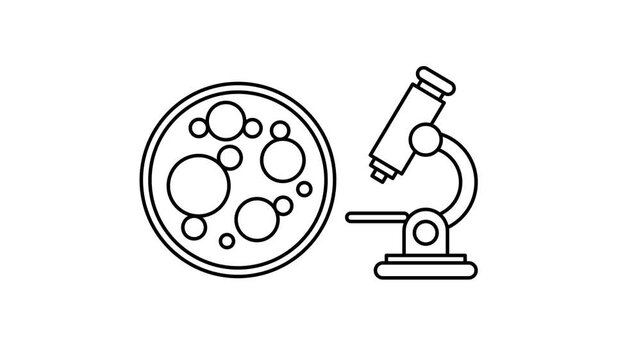 Minimalist Line Art Animation of Microscope and Petri Dish with Cells or Molecules