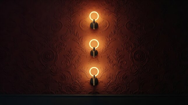 Three illuminated sconces are mounted on a richly textured maroon wall