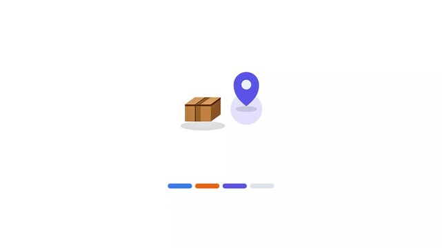 Flat animation showing parcel transit, GPS tracking, and final delivery to a home.