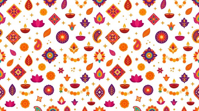Patern vektor diwali seamless pattern with diya lamps and flowers