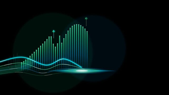 Modern 2.5D financial growth visualization with rising bars, luminous trend arrows, flowing data lines, and clean black background for business analytics.