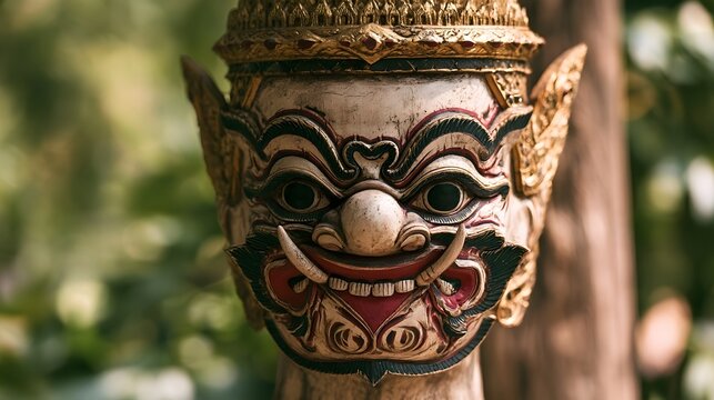 Close up of a traditional ornate mask with intricate carvings  expressive eyes  and decorative crown  set against a blurred natural background