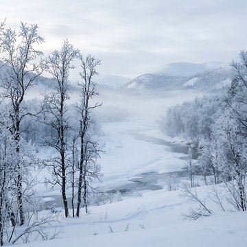 Snow covered valley with a winding river is enveloped in winter mist and frost
