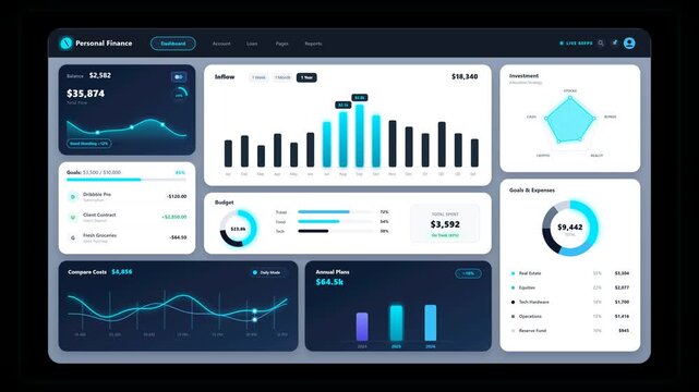 Interactive modern financial report dashboard animation displaying real-time revenue inflow charts, budget allocation, expenses donut graphs, and cost comparison on a pure black background.