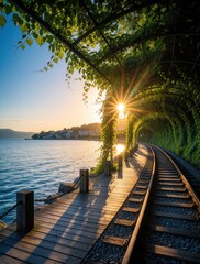Fototapeta premium Scenic wooden boardwalk, railway track run along calm blue lake shore. Green vine tunnel creates natural archway over path. Golden sunset light shines through leaves at dusk. Peaceful landscape