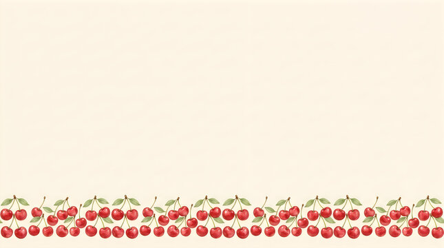 Fresh red cherries arranged in a horizontal row isolated on a white background