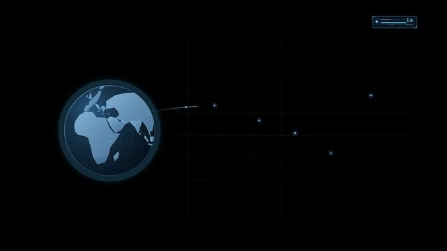 Modern 2.5D global network visualization with rotating globe, digital grid, connectivity signals, and worldwide communication on a clean black background.