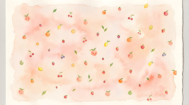 Watercolor painting pattern with small fruits and berries on a soft peach colored background