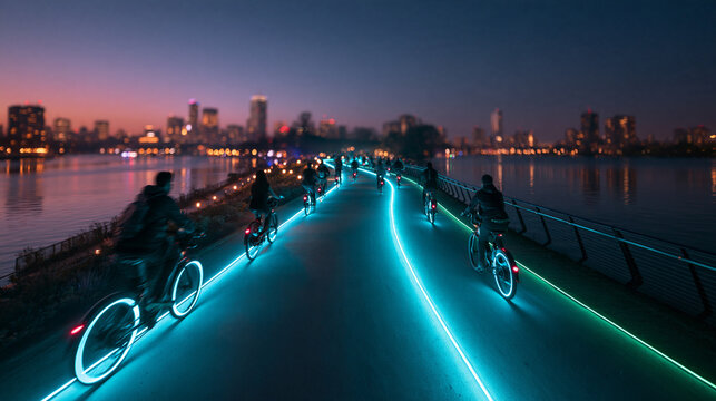 Cyclists Riding on Illuminated Smart Bike Path at Night