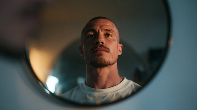 Serious Man Looking in Round Mirror During Self Reflection