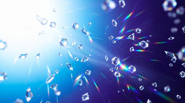 Floating Crystals with Rainbow Light Refraction on Blue Background