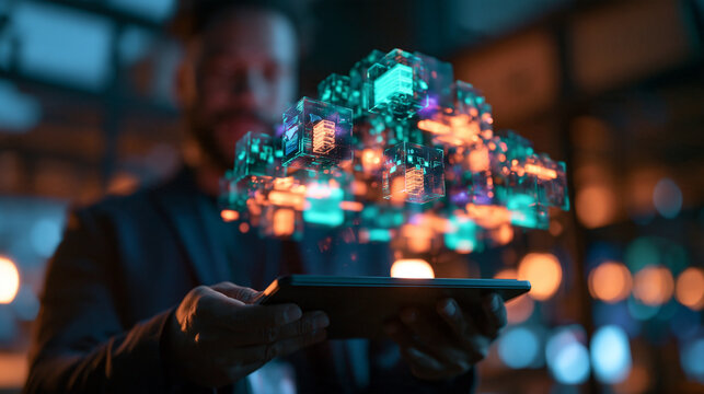 Businessman Holding Tablet with Cloud Computing Data Visualization