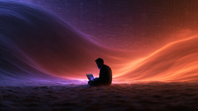 Silhouette of Developer Working on Laptop in Digital Cyberspace