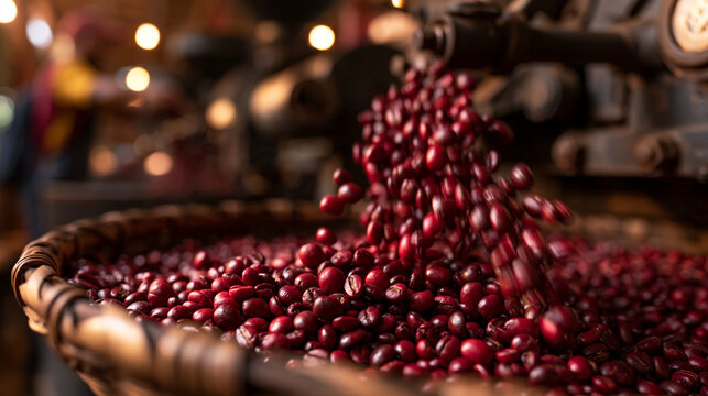 Freshly Roasted Coffee Beans Pouring from Roasting Machine