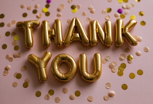 Gold foil balloon letters forming the words thank you on a soft pink background, with various confetti scattered around
