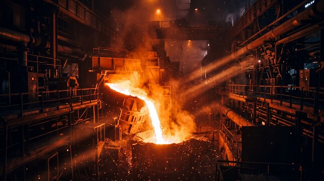 Molten Steel Pouring in Heavy Industrial Foundry Factory