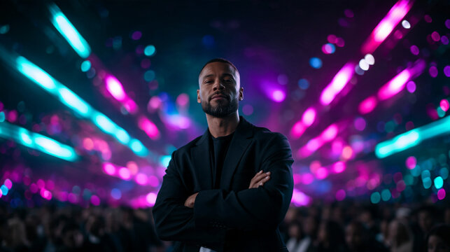 Confident Entrepreneur Standing in Front of Stage Lights