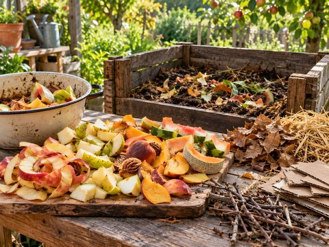Various organic materials like fruit peels, leaves, and cardboard on a wooden table next to a compost bin, preparing for composting