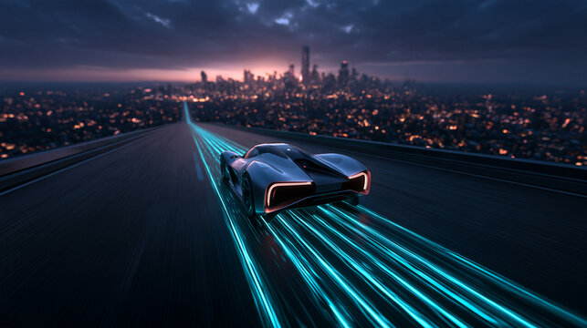 Futuristic Sports Car Speeding Towards City Skyline
