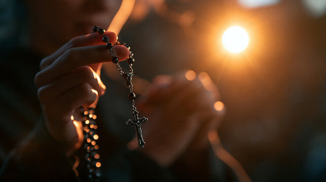 Person Holding Rosary with Crucifix While Praying in Sunlight