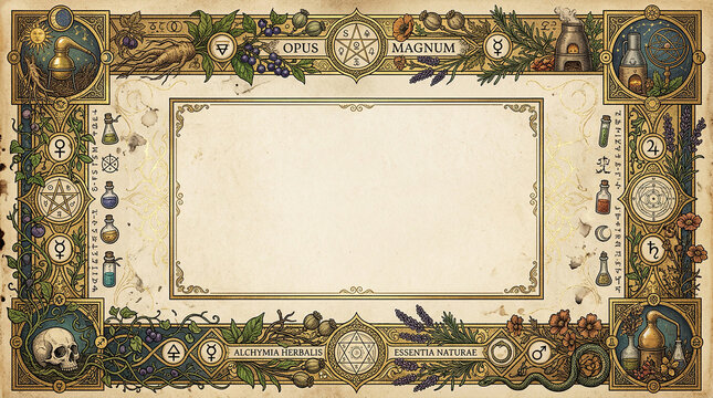 Alchemical parchment background featuring elaborate botanical borders and ancient mystical symbols for occult study.