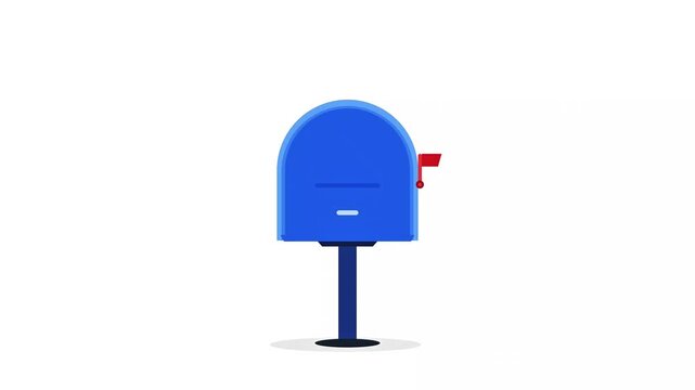 Flat 2D animation showing a blue mailbox filled with envelopes closing on a white background with sparkle accents.