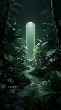 Lush tropical foliage frames a glowing oval aperture in a dark forest scene