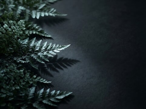 Fern fronds cast shadows against a dark textured background
