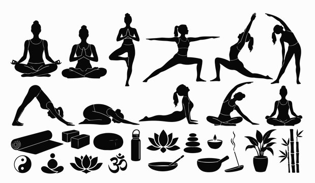 Silhouette yoga e meditazione con pose ed elementi benessere. Generative AI 