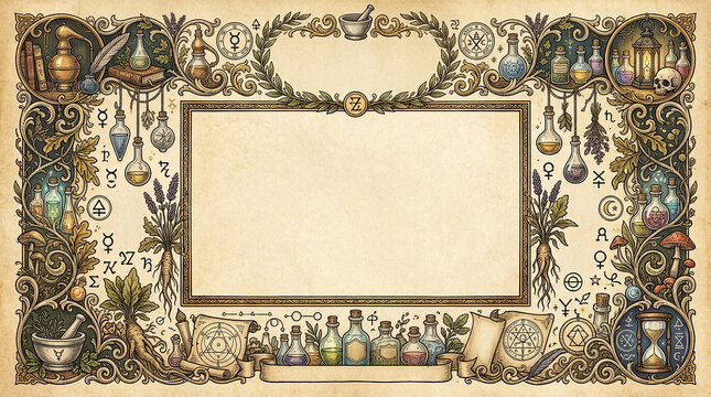 Alchemist apothecary table border with potion bottles herbs and distillation equipment for herbalist concepts.