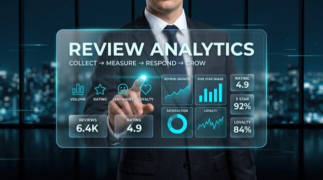 Business professional analyzing digital review analytics with customer feedback data during a night cityscape background
