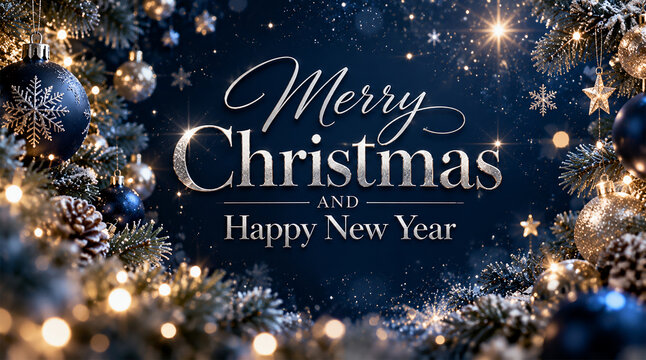 Merry Christmas and Happy New Year greeting on elegant dark blue background with silver and blue ornaments, snowy pine branches and glowing golden lights