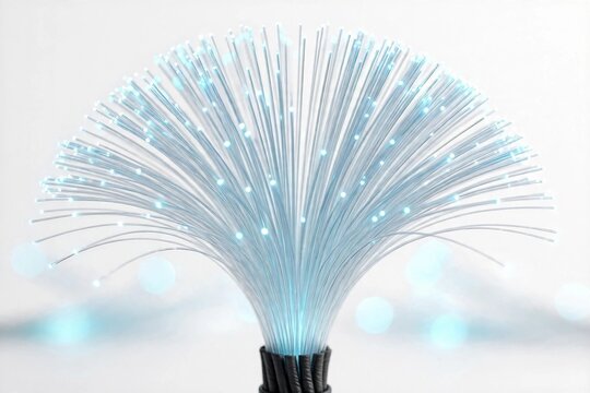 Bright white fiber-optic strands glowing in macro close-up on white background, futuristic technology abstract