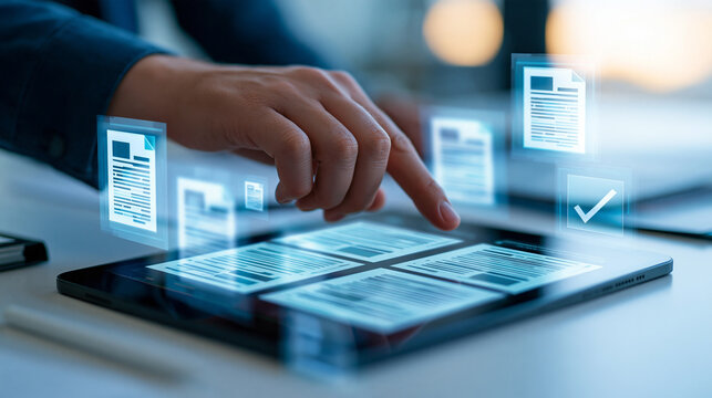 Cropped hand touching a tablet surrounded by translucent document icons and a clear green checkmark neatly arranged digital form panels suggesting completed paperwork pale