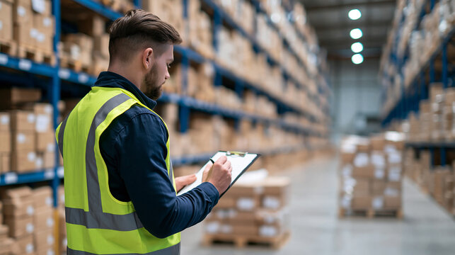 Warehouse employee checking inventory with a clipboard in a daylight filled logistics facility medium rear view beside organized shelves of cartons and a pallet of outgoing
