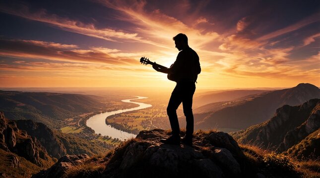 Silhouette of man playing acoustic guitar on mountain peak at sunset. Musician enjoys golden hour view over river valley, hills. Peaceful evening landscape with dramatic sky, scenic nature