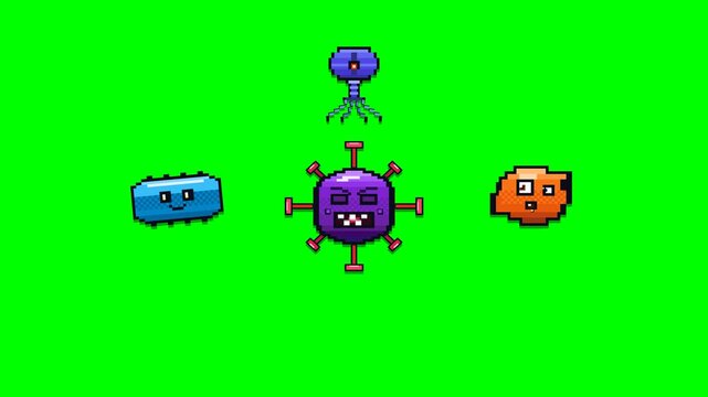 Vibrant retro pixel art bacteria and germs animation featuring squishy microbes, pulsing virus spikes, and swimming bacilli on clean green screen background in twelve seconds loop.
