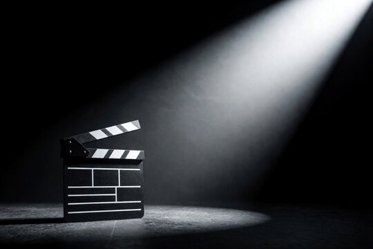Black film clapperboard sits in dark studio under bright spotlight. Cinematic lighting hits movie slate on dark floor. Production equipment for video shoot cinema industry project. Dramatic shadow