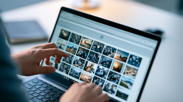 Cropped hands navigating to the homepage of a digital image catalog on a laptop a simple home navigation icon above an orderly grid of generic image thumbnails clean desk with