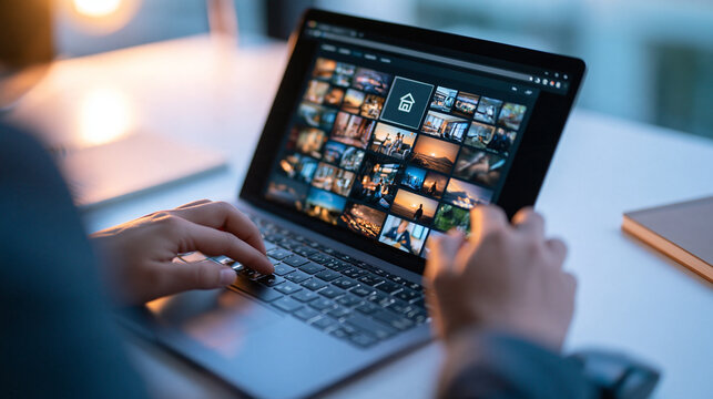 Cropped hands navigating to the homepage of a digital image catalog on a laptop a simple home navigation icon above an orderly grid of generic image thumbnails clean desk with