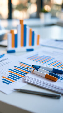 Corporate finance risk assessment arranged as a clean tabletop visualization probability and impact matrix beside revenue forecasts and a budget scenario comparison chart blue